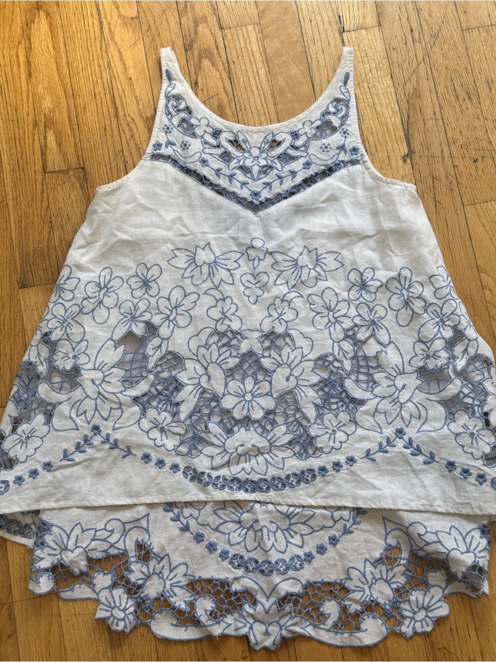 HD in Paris White Tank with Blue Floral Embroidery